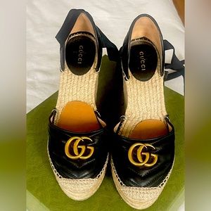 Gucci Black leather Espadrille Wedge Platform EU 38